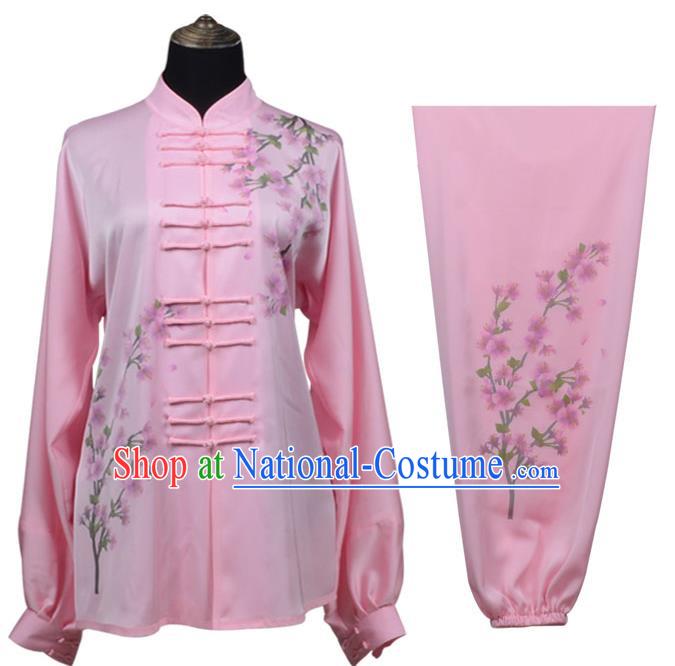 Top Kung Fu Costume Martial Arts Costume Kung Fu Training Pink Uniform, Gongfu Shaolin Wushu Embroidery Plum Blossom Tai Ji Clothing for Women