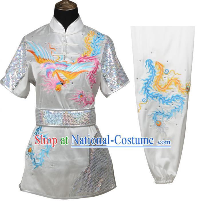 Top Kung Fu Costume Martial Arts Costume Kung Fu Training White Uniform, Gongfu Shaolin Wushu Embroidery Dragon and Phoenix Tai Ji Clothing for Women