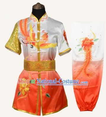 Top Kung Fu Costume Martial Arts Costume Kung Fu Training Orange Uniform, Gongfu Shaolin Wushu Embroidery Peony and Phoenix Tai Ji Clothing for Women