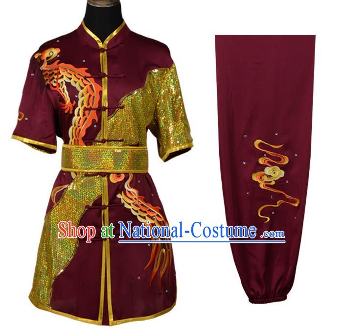 Top Kung Fu Costume Martial Arts Costume Kung Fu Training Dark Red Uniform, Gongfu Shaolin Wushu Embroidery Dragon Tai Ji Clothing for Women