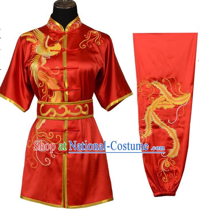 Top Kung Fu Costume Martial Arts Costume Kung Fu Training Red Uniform, Gongfu Shaolin Wushu Embroidery Phoenix Tai Ji Clothing for Women