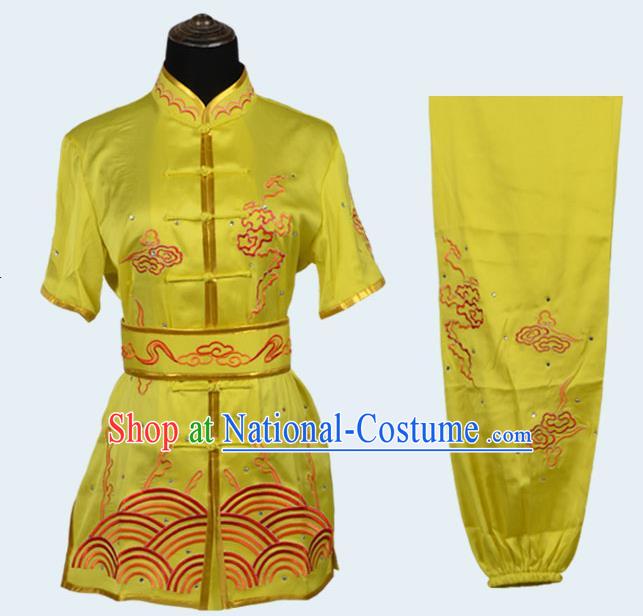 Top Kung Fu Costume Martial Arts Costume Kung Fu Training Yellow Uniform, Gongfu Shaolin Wushu Embroidery Tai Ji Clothing for Women