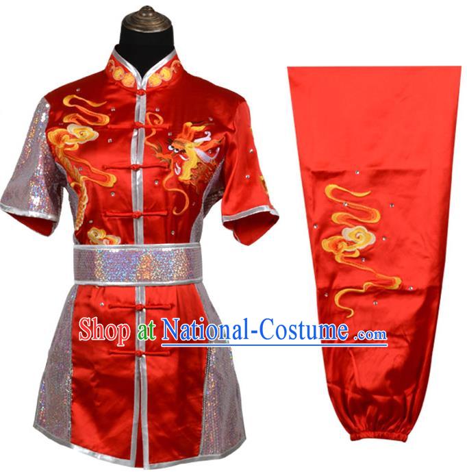 Top Kung Fu Costume Martial Arts Costume Kung Fu Training Red Rhinestone Uniform, Gongfu Shaolin Wushu Embroidery Tai Ji Clothing for Women