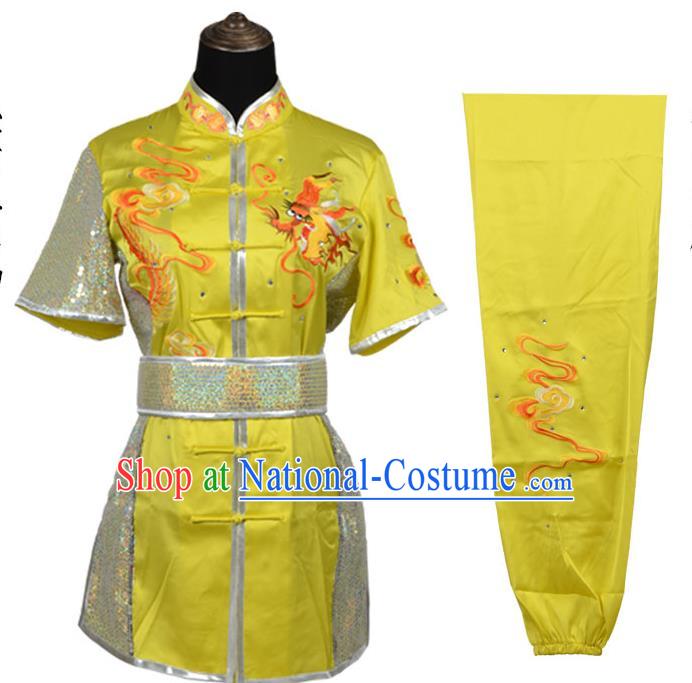 Top Kung Fu Costume Martial Arts Costume Kung Fu Training Yellow Rhinestone Uniform, Gongfu Shaolin Wushu Embroidery Tai Ji Clothing for Women