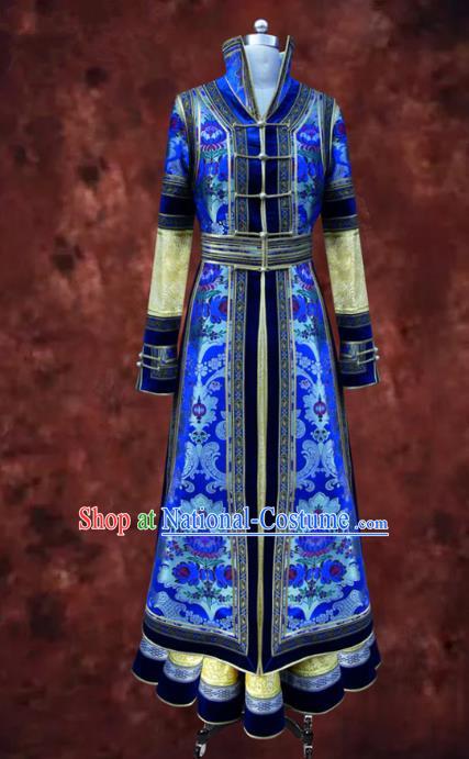 Traditional Chinese Mongol Nationality Dance Costume Queen Blue Mongolian Robe, Chinese Mongolian Minority Nationality Bride Embroidery Costume for Women