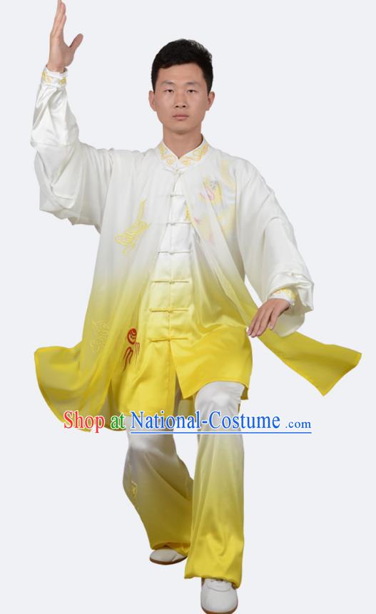 Top Kung Fu Costume Martial Arts Costume Kung Fu Training Yellow Uniform, Gongfu Shaolin Wushu Embroidery Dragon Tai Ji Clothing for Women for Men