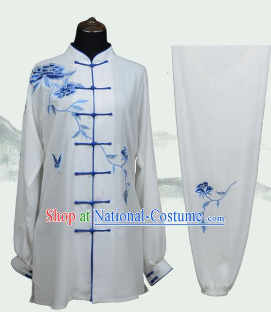 Top Kung Fu Costume Martial Arts Costume Kung Fu Training Plated Buttons Uniform, Gongfu Shaolin Wushu Embroidery Peony Tai Ji Clothing for Women for Men