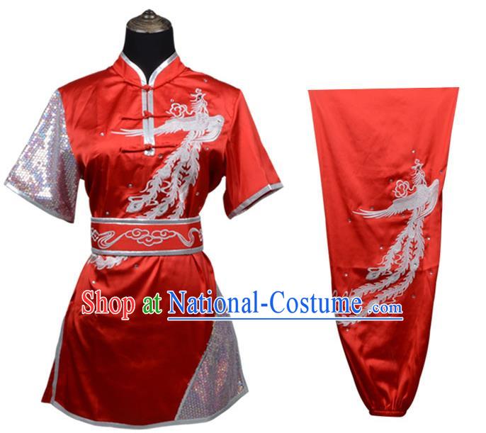 Top Kung Fu Costume Martial Arts Costume Kung Fu Training Plated Buttons Red Uniform, Gongfu Shaolin Wushu Embroidery Phoenix Tai Ji Clothing for Women for Men