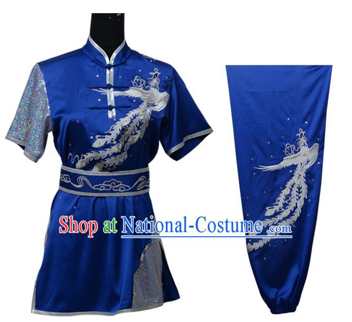 Top Kung Fu Costume Martial Arts Costume Kung Fu Training Plated Buttons Blue Uniform, Gongfu Shaolin Wushu Embroidery Phoenix Tai Ji Clothing for Women for Men