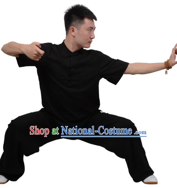 Top Kung Fu Linen Costume Martial Arts Costume Kung Fu Training Plated Buttons Black Uniform, Gongfu Shaolin Wushu Tai Ji Clothing for Women for Men