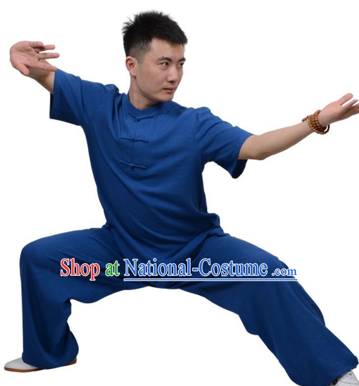 Top Kung Fu Linen Costume Martial Arts Costume Kung Fu Training Plated Buttons Blue Uniform, Gongfu Shaolin Wushu Tai Ji Clothing for Women for Men