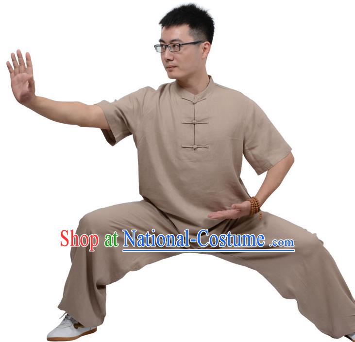 Top Kung Fu Linen Costume Martial Arts Costume Kung Fu Training Plated Buttons Brown Uniform, Gongfu Shaolin Wushu Tai Ji Clothing for Women for Men