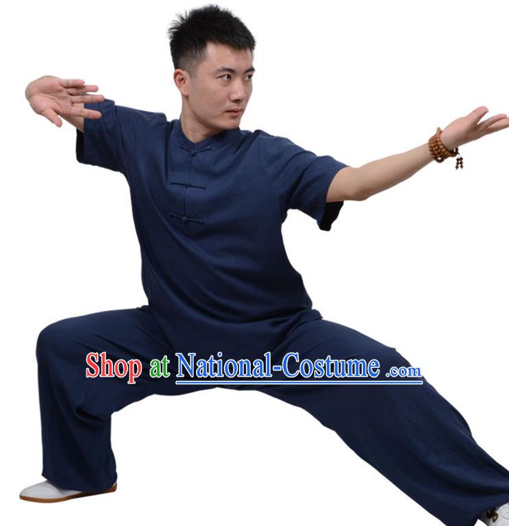 Top Kung Fu Linen Costume Martial Arts Costume Kung Fu Training Plated Buttons Navy Uniform, Gongfu Shaolin Wushu Tai Ji Clothing for Women for Men