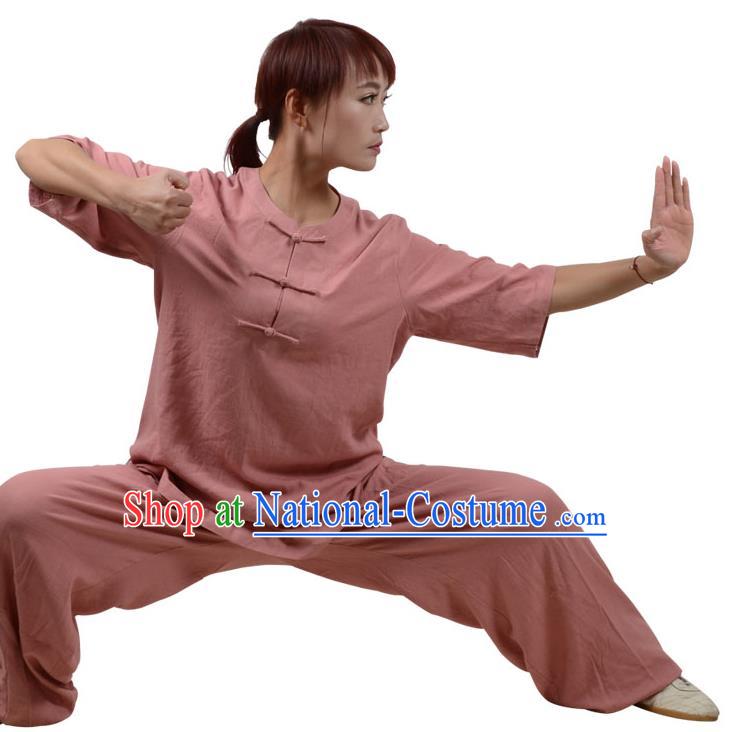 Top Kung Fu Linen Costume Martial Arts Costume Kung Fu Training Plated Buttons Orange Uniform, Gongfu Shaolin Wushu Tai Ji Clothing for Women for Men