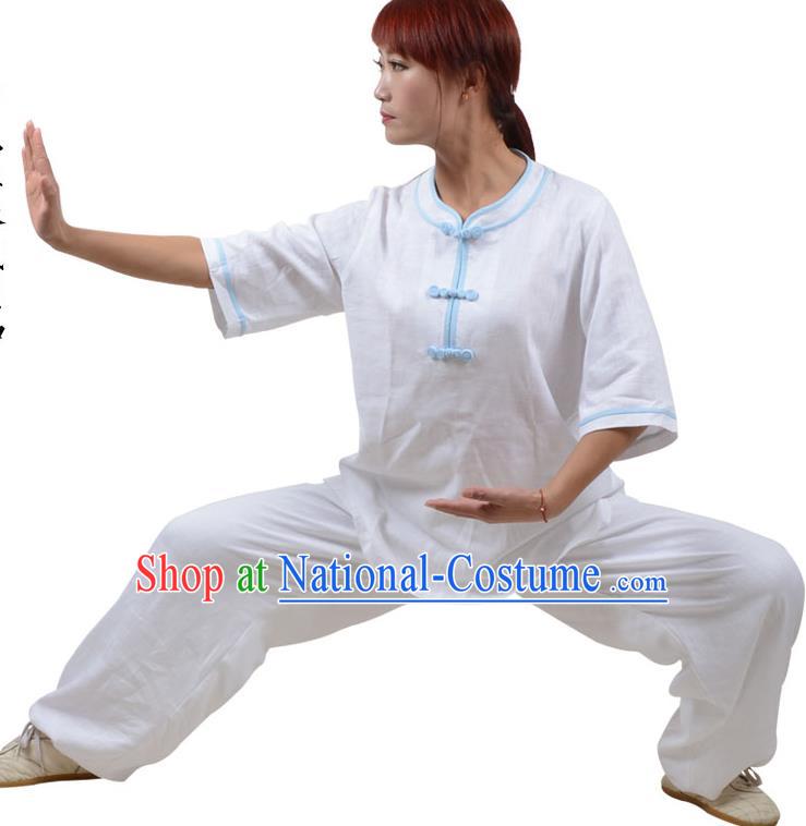 Top Kung Fu Linen Costume Martial Arts Costume Kung Fu Training Blue Plated Buttons White Uniform, Gongfu Shaolin Wushu Tai Ji Clothing for Women for Men