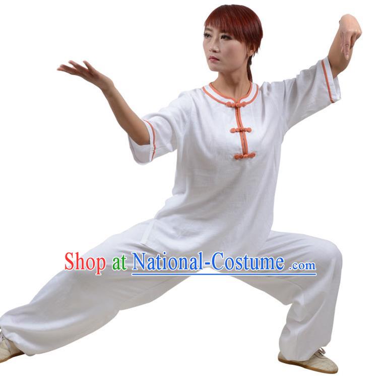 Top Kung Fu Linen Costume Martial Arts Costume Kung Fu Training Orange Plated Buttons White Uniform, Gongfu Shaolin Wushu Tai Ji Clothing for Women for Men