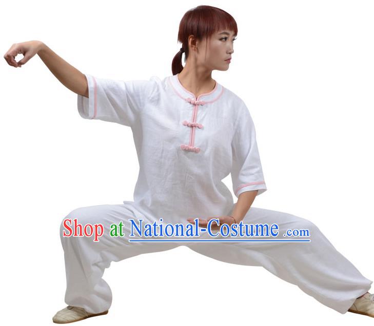 Top Kung Fu Linen Costume Martial Arts Costume Kung Fu Training Pink Plated Buttons White Uniform, Gongfu Shaolin Wushu Tai Ji Clothing for Women for Men