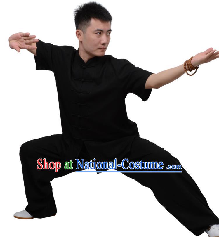 Top Kung Fu Linen Costume Martial Arts Costume Kung Fu Training Short Sleeve Black Uniform, Gongfu Shaolin Wushu Tai Ji Plated Buttons Clothing for Women for Men