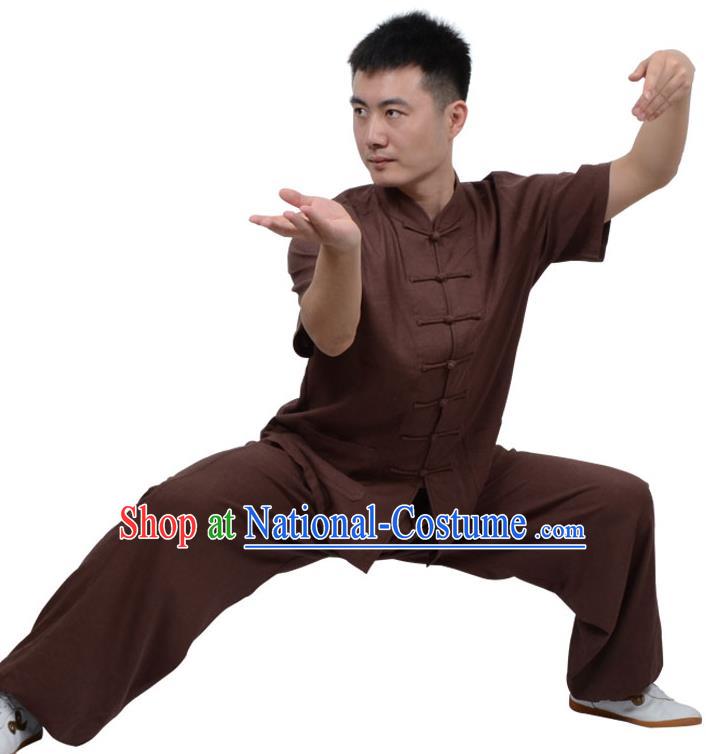 Top Kung Fu Linen Costume Martial Arts Costume Kung Fu Training Short Sleeve Coffee Uniform, Gongfu Shaolin Wushu Tai Ji Plated Buttons Clothing for Women for Men