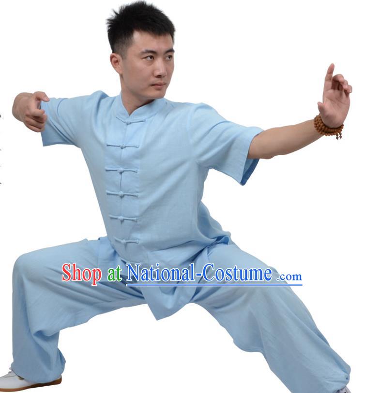 Top Kung Fu Linen Costume Martial Arts Costume Kung Fu Training Short Sleeve Blue Uniform, Gongfu Shaolin Wushu Tai Ji Plated Buttons Clothing for Women for Men