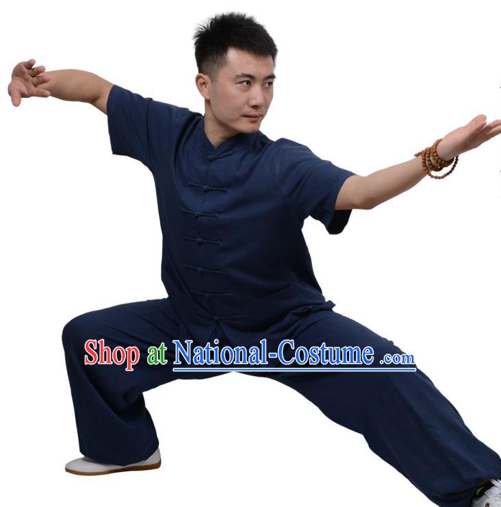 Top Kung Fu Linen Costume Martial Arts Costume Kung Fu Training Short Sleeve Navy Uniform, Gongfu Shaolin Wushu Tai Ji Plated Buttons Clothing for Women for Men