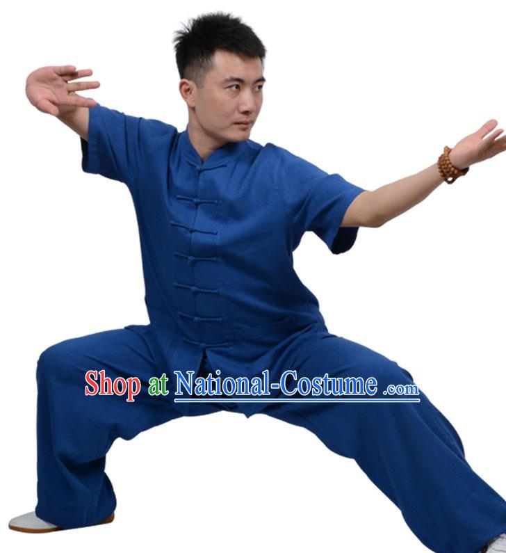 Top Kung Fu Linen Costume Martial Arts Costume Kung Fu Training Short Sleeve Deep Blue Uniform, Gongfu Shaolin Wushu Tai Ji Plated Buttons Clothing for Women for Men