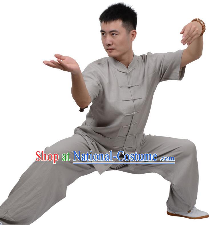 Top Kung Fu Linen Costume Martial Arts Costume Kung Fu Training Short Sleeve Grey Uniform, Gongfu Shaolin Wushu Tai Ji Plated Buttons Clothing for Women for Men