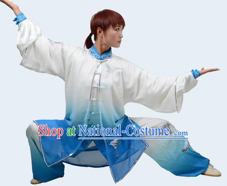 Top Kung Fu Costume Martial Arts Costume Kung Fu Training Gradient Blue Uniform, Gongfu Shaolin Wushu Embroidery Crane Tai Ji Clothing for Women for Men