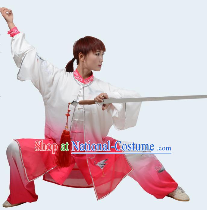 Top Kung Fu Costume Martial Arts Costume Kung Fu Training Gradient Pink Uniform, Gongfu Shaolin Wushu Embroidery Crane Tai Ji Clothing for Women for Men