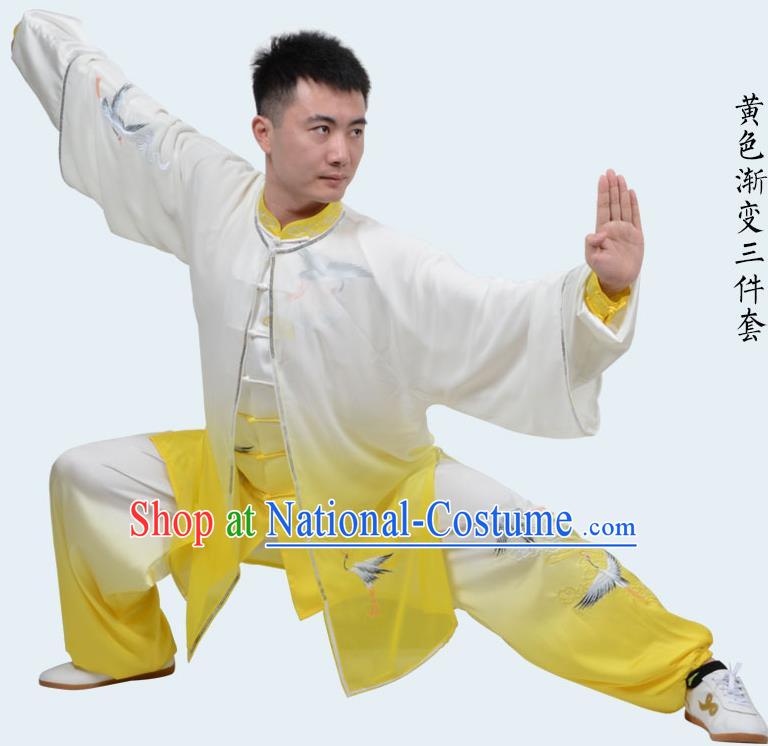 Top Kung Fu Costume Martial Arts Costume Kung Fu Training Gradient Yellow Uniform, Gongfu Shaolin Wushu Embroidery Crane Tai Ji Clothing for Women for Men