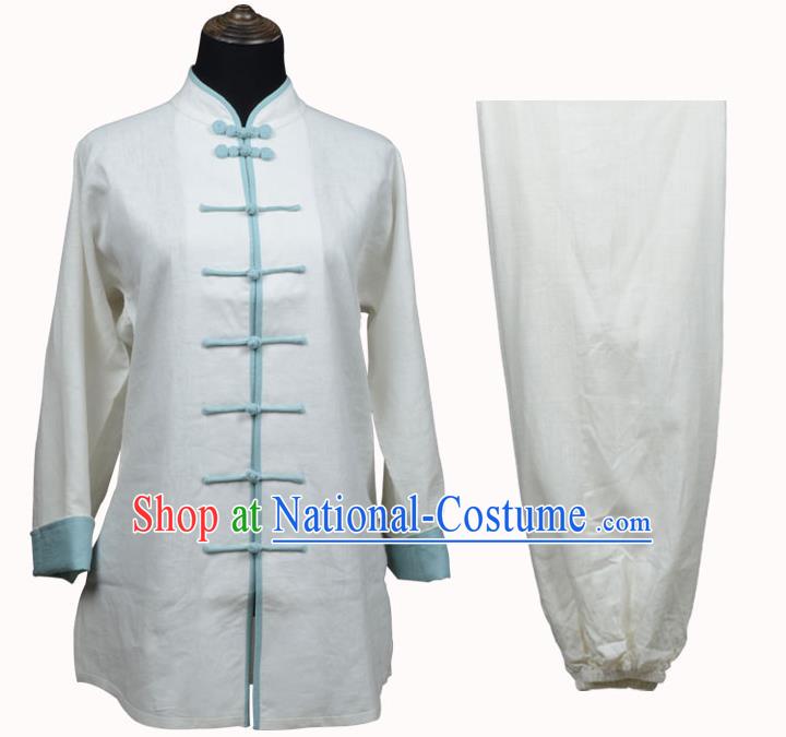 Top Kung Fu Linen Costume Martial Arts Costume Kung Fu Training White Shirt and Pants, Tai Ji Light Blue Plated Buttons Uniform Gongfu Wushu Clothing for Women for Men