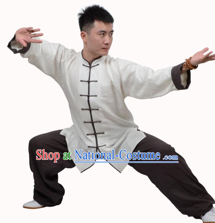 Top Kung Fu Linen Costume Martial Arts Costume Kung Fu Training White Shirt and Brown Pants, Tai Ji Plated Buttons Uniform Gongfu Wushu Clothing for Women for Men