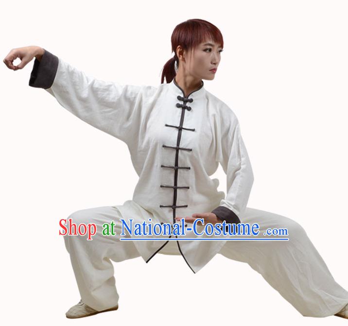 Top Kung Fu Linen Costume Martial Arts Costume Kung Fu Training White Shirt and Pants, Tai Ji Plated Buttons Uniform Gongfu Wushu Clothing for Women for Men