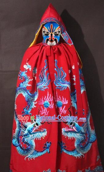 Traditional China Beijing Opera Costume Embroidery Dragon Cloak, Chinese Peking Opera General Red Embroidered Cape