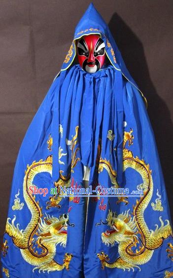 Traditional China Beijing Opera Costume Embroidery Dragon Cloak, Chinese Peking Opera General Blue Embroidered Cape