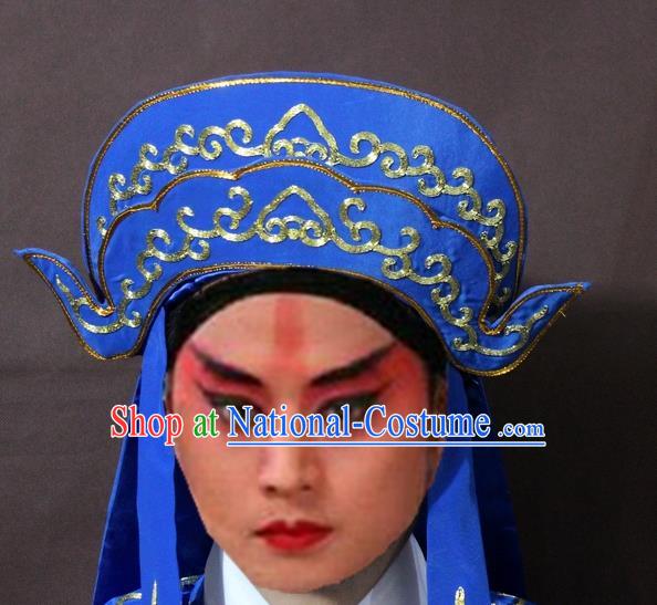 Traditional Chinese Handmade Hair Accessories Beijing Opera Takefu Embroidered Blue Hats Headwear for Men