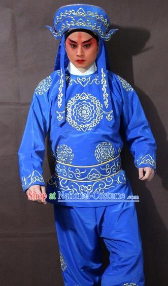 Traditional China Beijing Opera Takefu Embroidered Blue Costume, Chinese Peking Opera Soldier Clothing