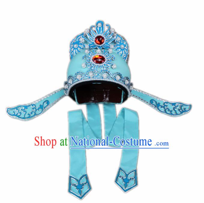 Traditional China Beijing Opera Share-win Scholar Blue Hats, Chinese Peking Opera Niche Headwear