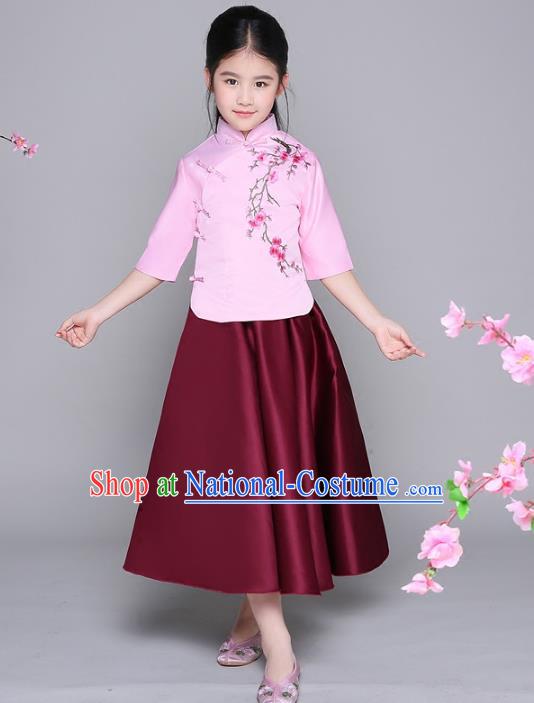 Traditional Chinese Republic of China Children Clothing, China National Embroidered Blouse and Skirt for Kids