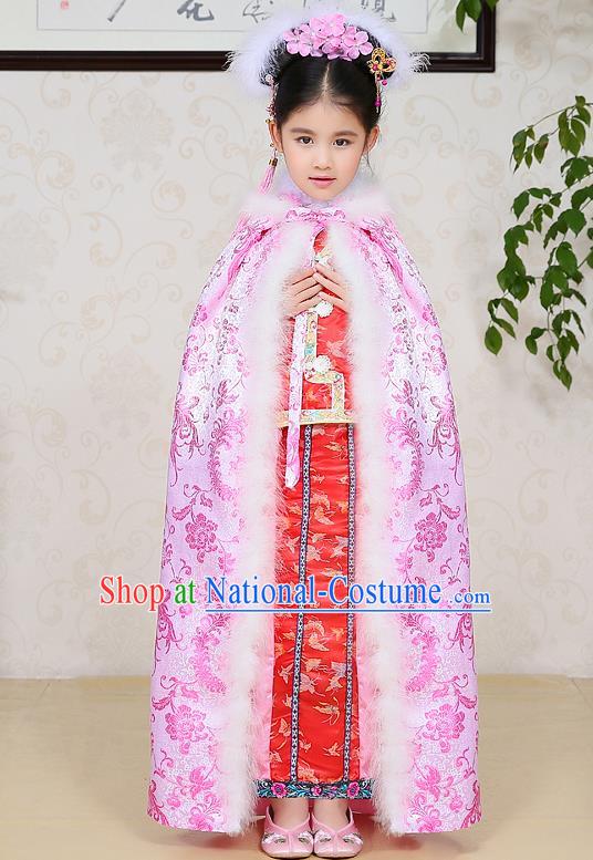 Traditional Ancient Chinese Qing Dynasty Manchu Princess Costume Embroidered Pink Cloak for Kids