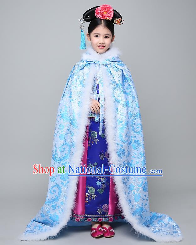 Traditional Ancient Chinese Qing Dynasty Manchu Princess Costume Embroidered Blue Cloak for Kids