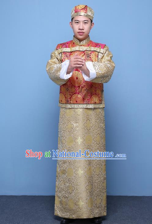 Traditional Ancient Chinese Qing Dynasty Prince Costume, China Manchu Nobility Childe Embroidered Rosy Mandarin Jacket Clothing for Men