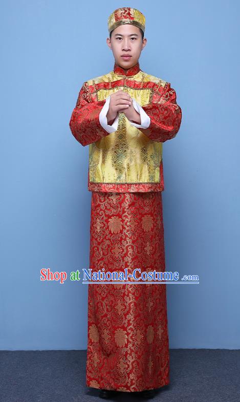 Traditional Ancient Chinese Qing Dynasty Prince Costume, China Manchu Nobility Childe Yellow Mandarin Jacket Clothing for Men