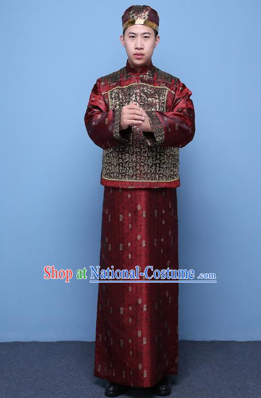 Traditional Ancient Chinese Qing Dynasty Prince Purplish Red Costume, China Manchu Nobility Childe Mandarin Jacket Clothing for Men