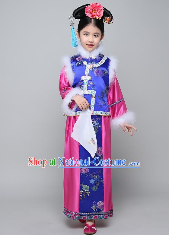 Traditional Ancient Chinese Qing Dynasty Manchu Lady Costume, Chinese Mandarin Princess Embroidered Clothing for Kids