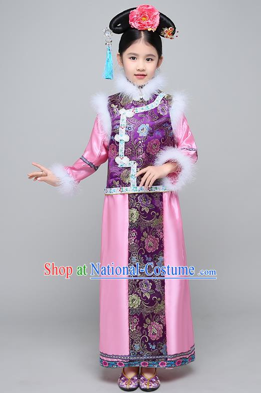 Traditional Ancient Chinese Qing Dynasty Manchu Lady Purple Costume, Chinese Mandarin Princess Embroidered Clothing for Kids