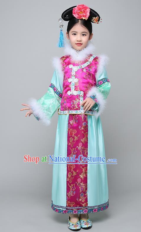 Traditional Ancient Chinese Qing Dynasty Manchu Lady Rosy Costume, Chinese Mandarin Princess Embroidered Clothing for Kids