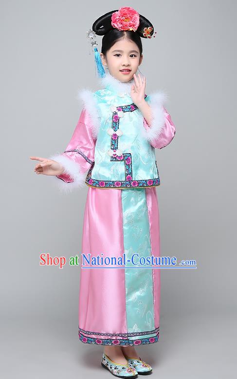 Traditional Ancient Chinese Qing Dynasty Manchu Lady Blue Costume, Chinese Mandarin Princess Embroidered Clothing for Kids