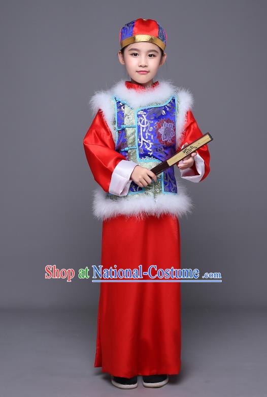 Traditional Ancient Chinese Qing Dynasty Manchu Prince Costume, Chinese Mandarin Nobility Childe Embroidered Clothing for Kids