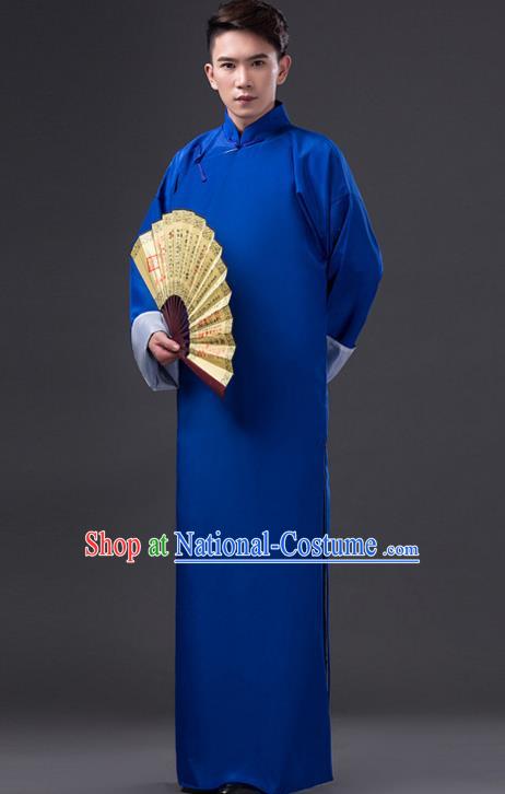 Traditional Chinese Republic of China Costume Blue Long Gown, China National Comic Dialogue Clothing for Men